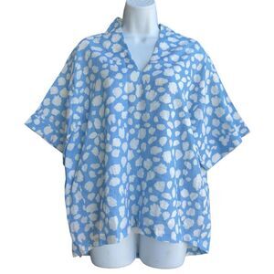 Brooke Wright Linen Blend Top Women's One Size Blue Geometric Boho Blouse Casual